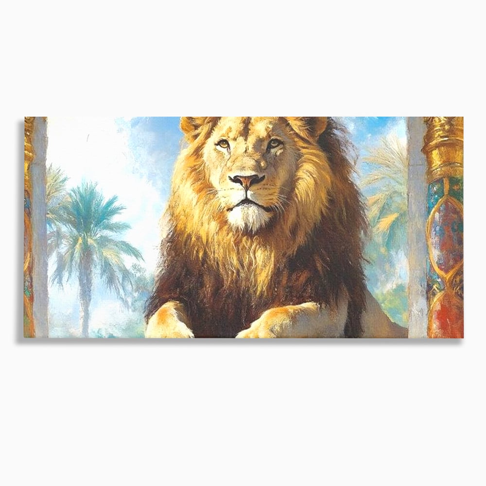 Tablou canvas cu tablou canvas cu leu intre coloane, fara rama, pe sasiu de lemn